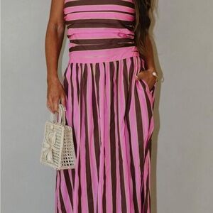 THESE THREE BOUTIQUE - Claire Pink and Brown Striped Midi Dress